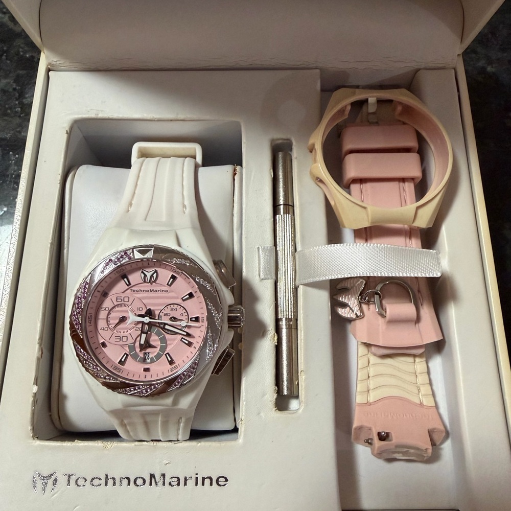 TechnoMarine Pink Dial with White Strap Watch